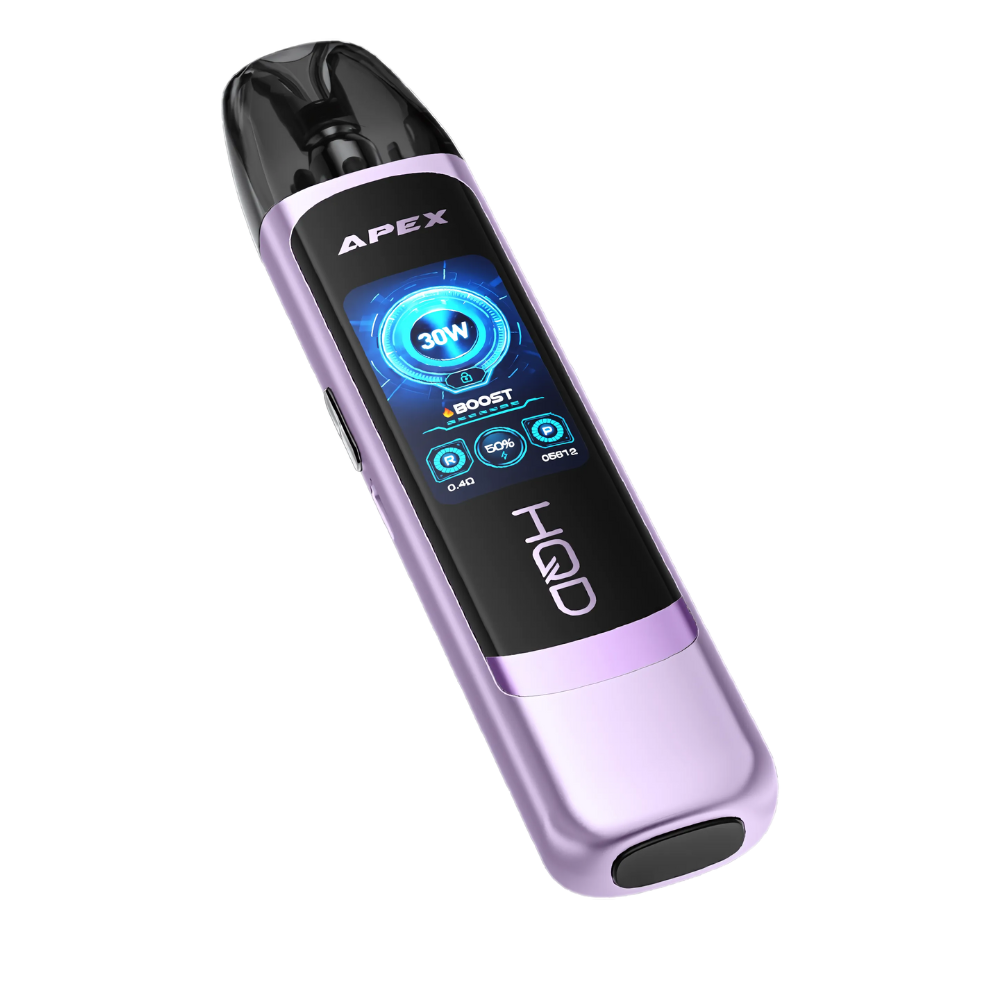 Purple vape device with digital display on a white background