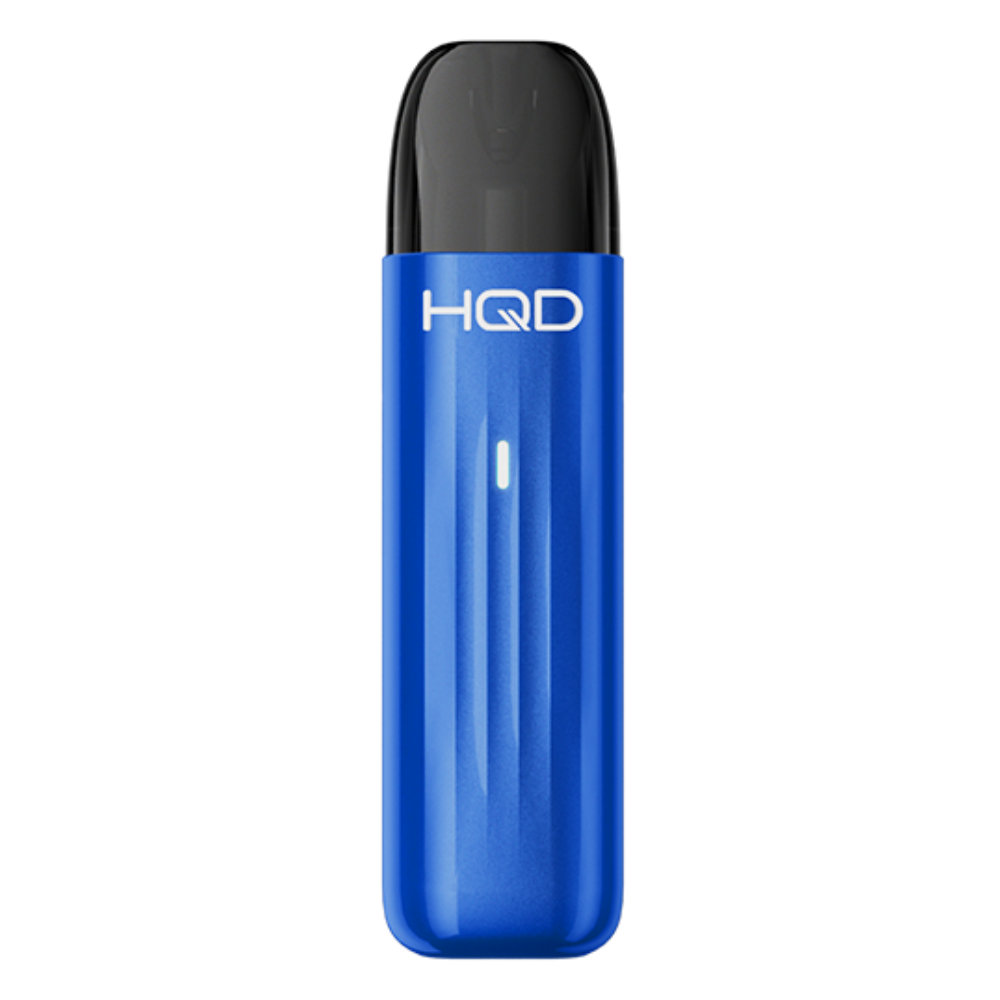 Blue HQD vape pen on a white background