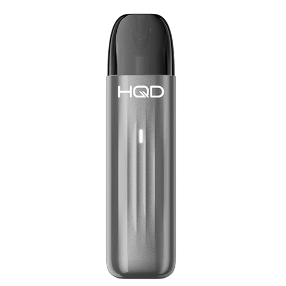 Gray HQD vape device on a white background