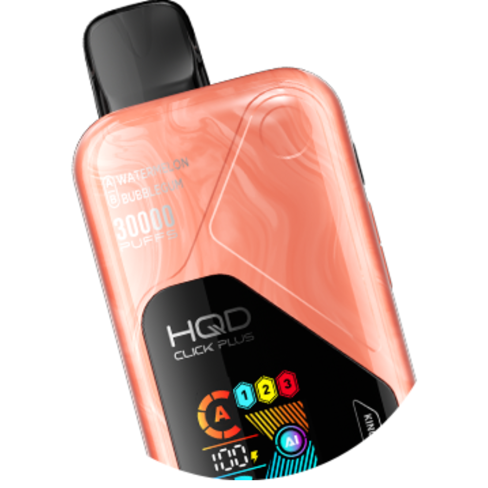 HQD Click Plus vape device with a colorful display on a white background