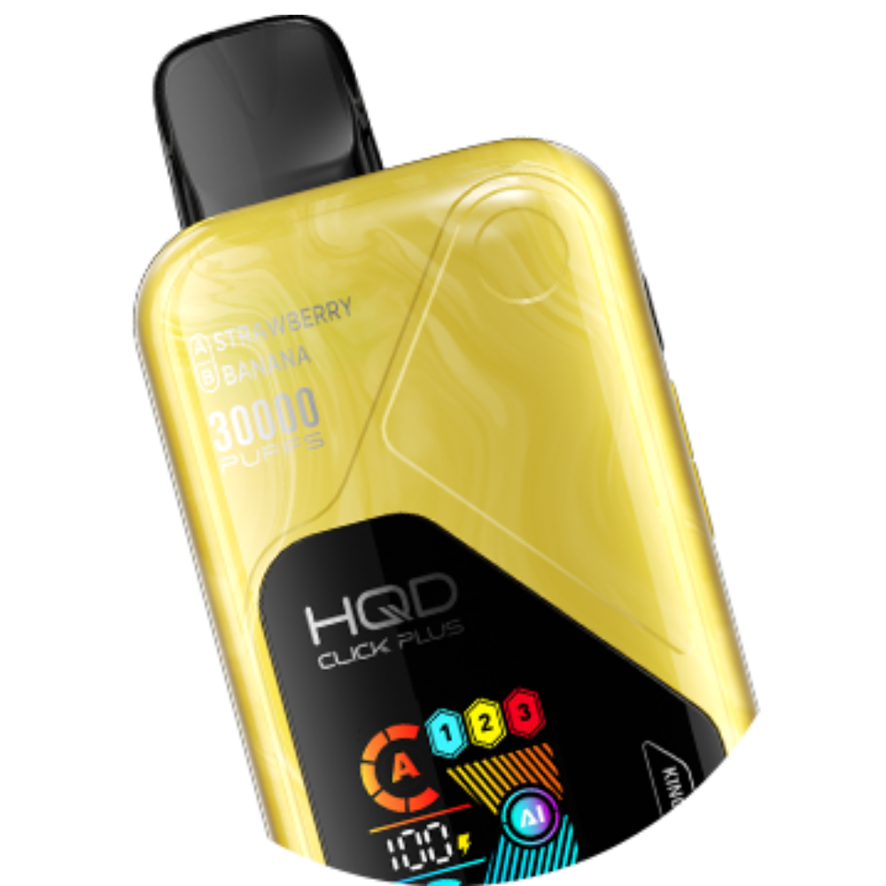 Yellow HQD Click Plus vape device on a white background