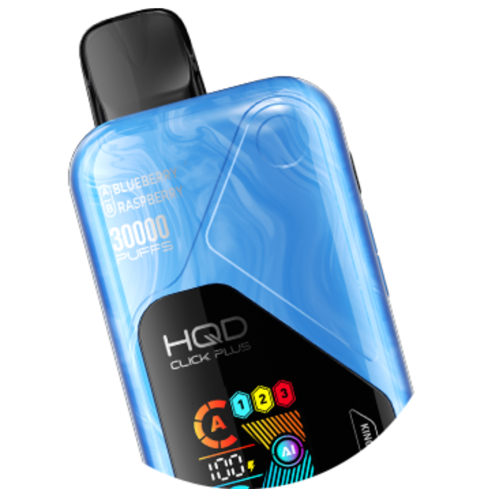 Blue HQD Click Plus vaping device on a white background