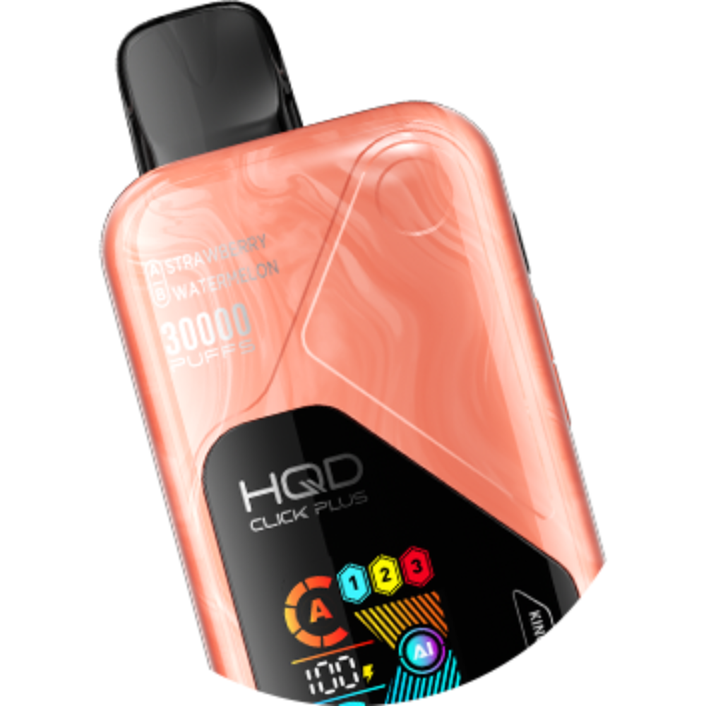 HQD Click Plus vape device with a pink and black design on a white background