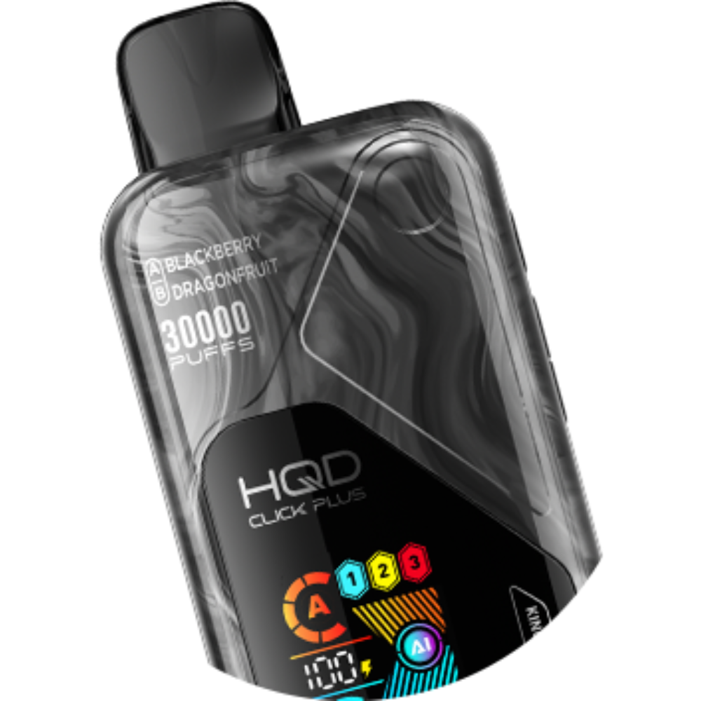 HQD Click Plus vape device with digital display on a white background