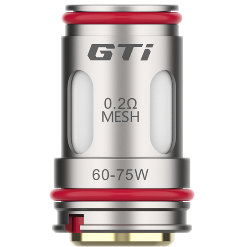 Vape coil with 'GTi' branding and technical specifications on a white background