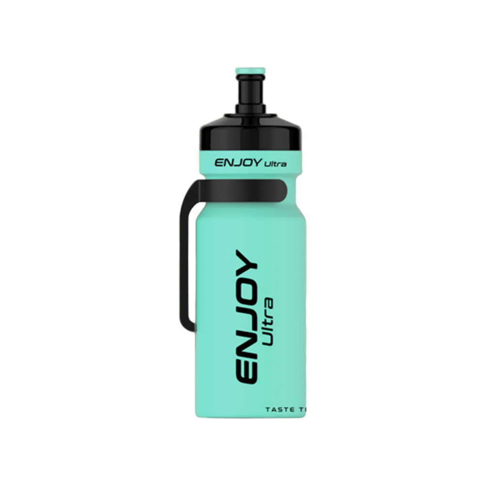 Turquoise water bottle with black handle and 'ENJOY Ultra' branding on a white background