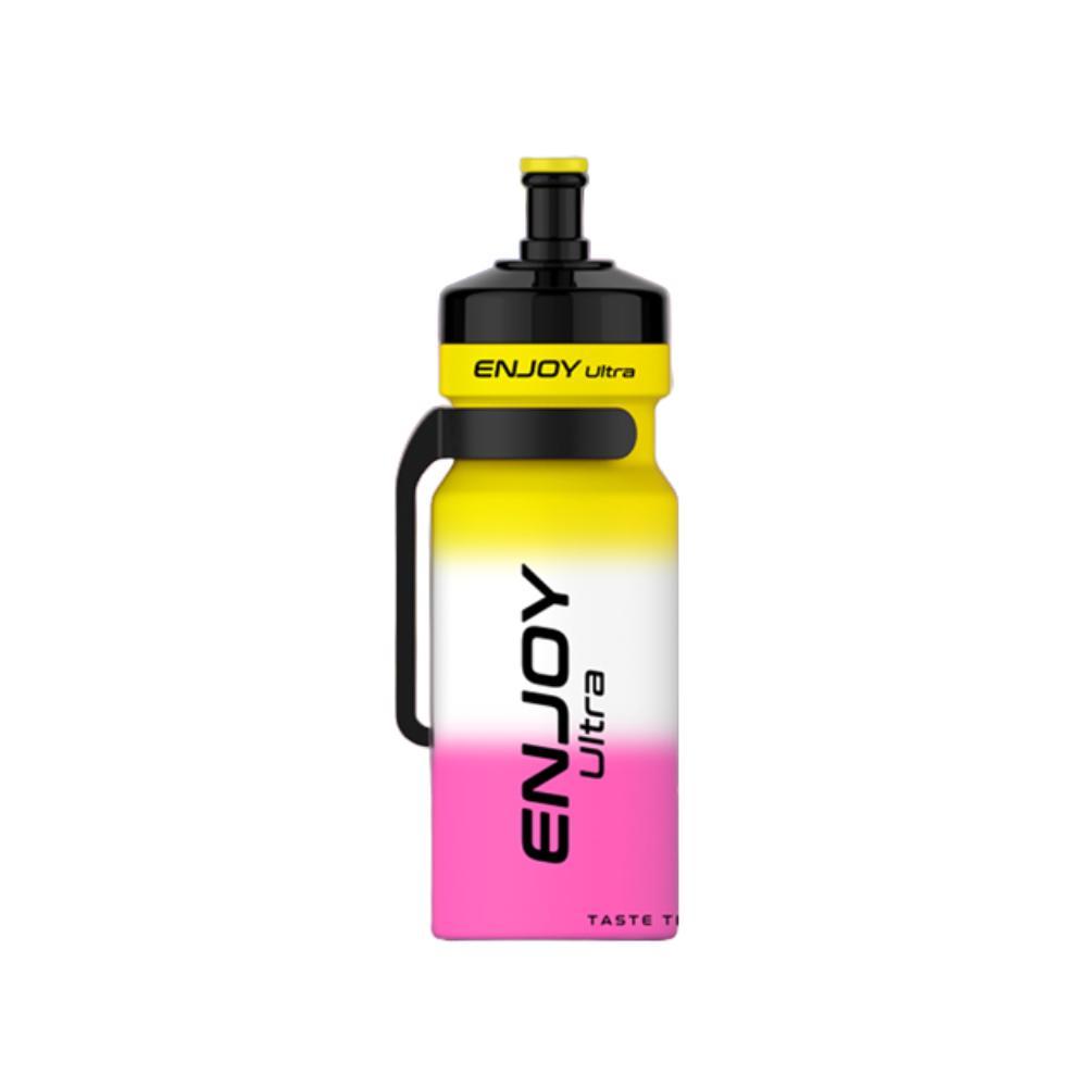 Gradient yellow to pink water bottle with 'ENJOY ultra' branding on a white background