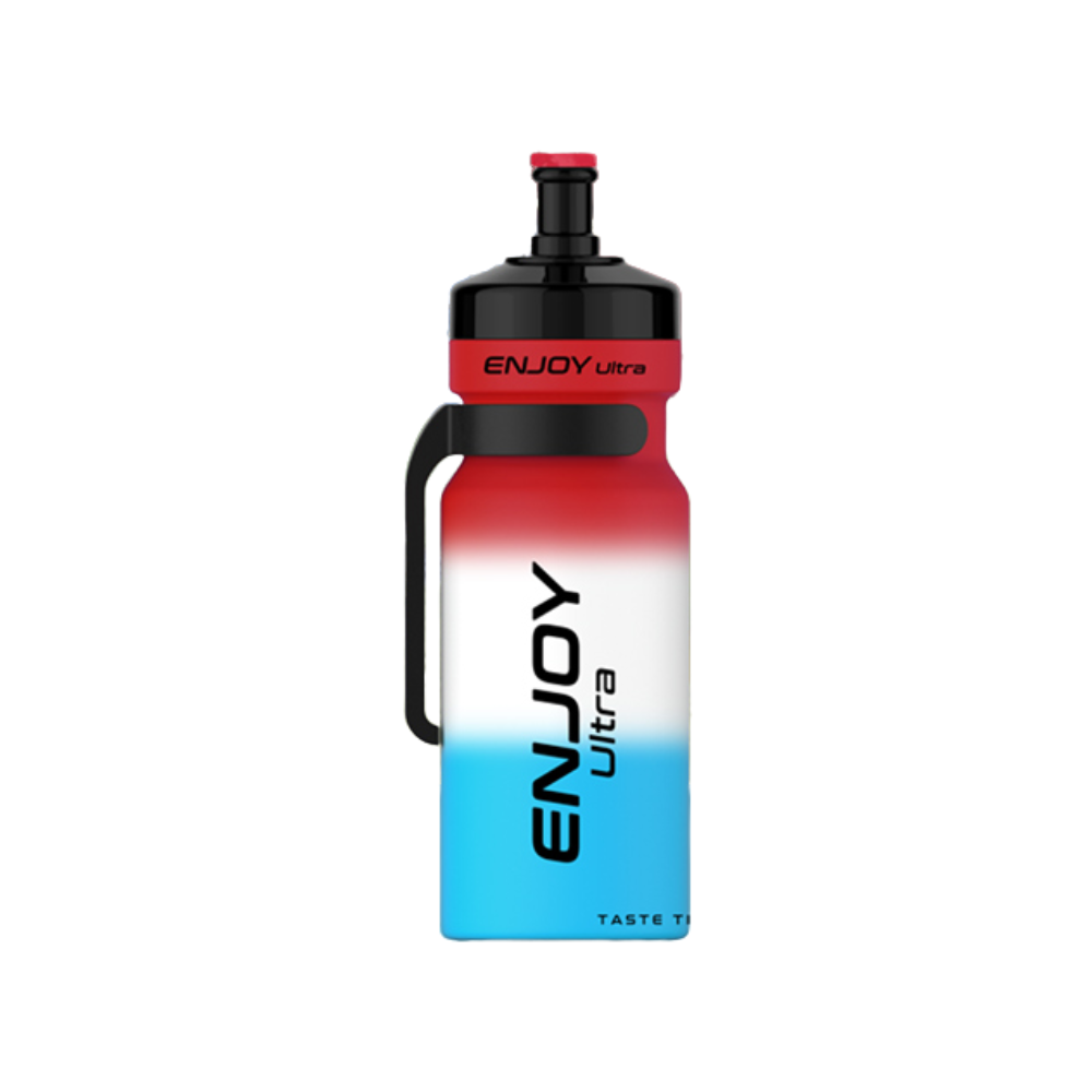 Red, white, and blue water bottle with 'ENJOY Ultra' branding on a white background