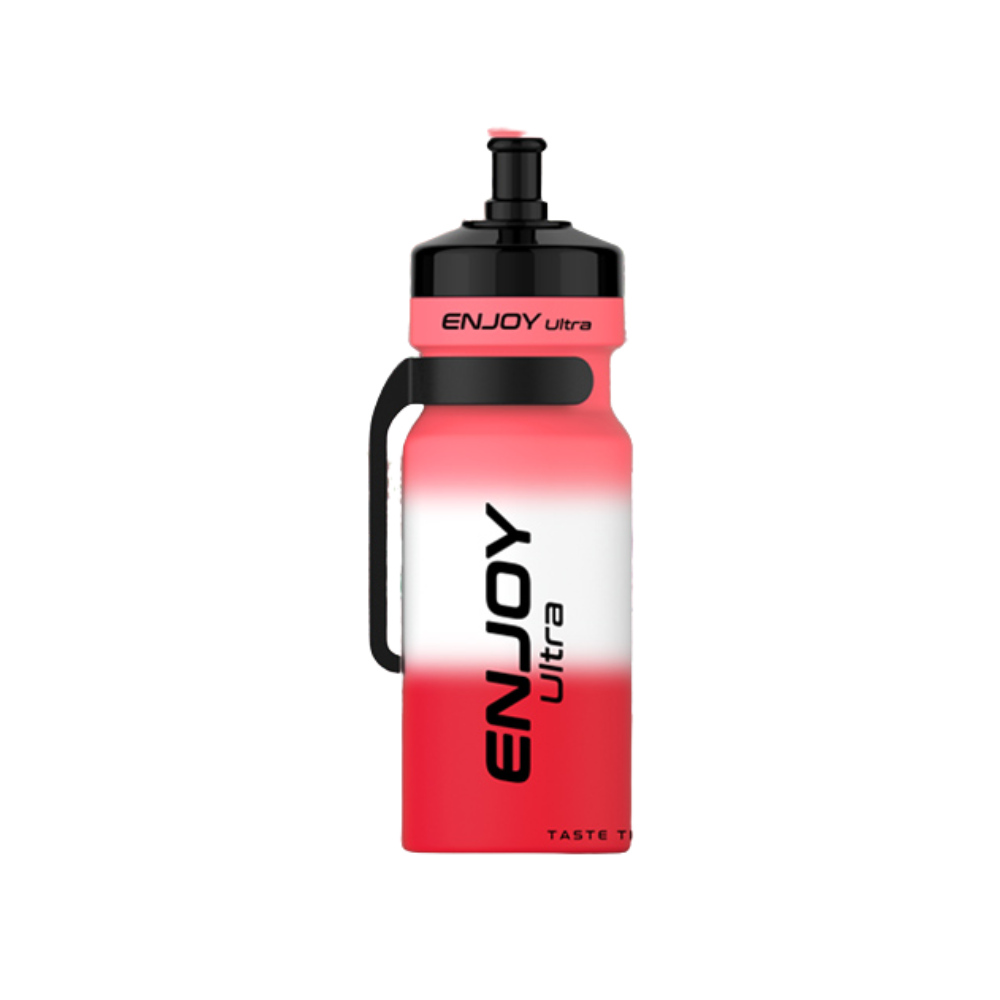 Red and white water bottle with black handle and cap on a white background