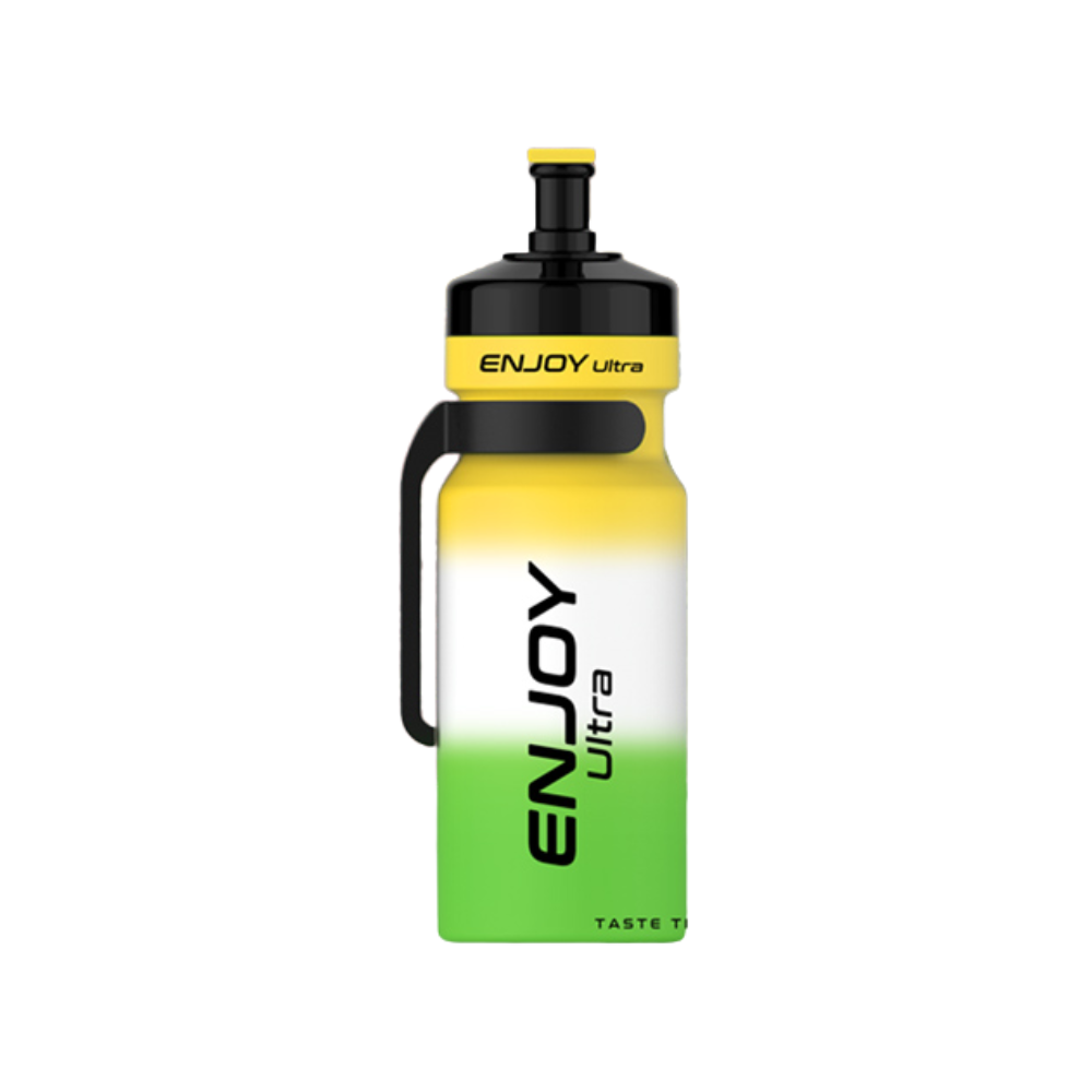 Yellow and green water bottle with 'ENJOY Ultra' branding on a white background