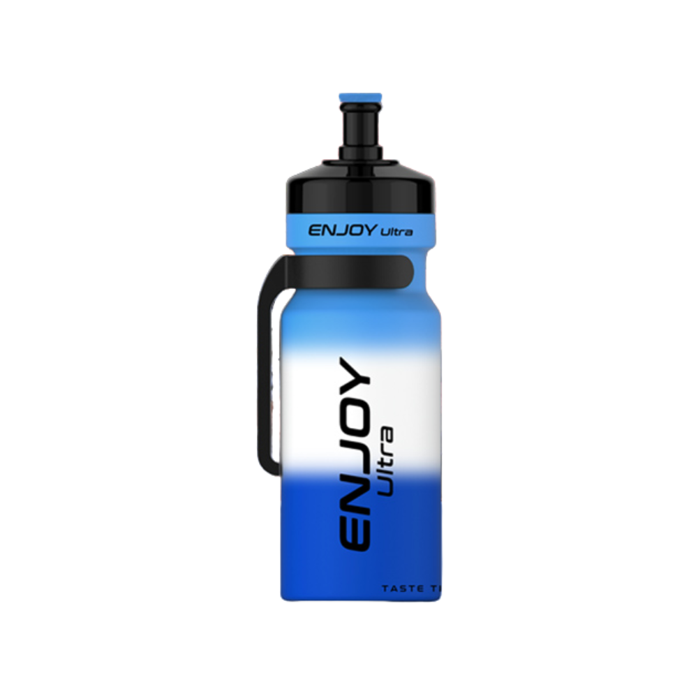 Blue and black water bottle with 'ENJOY ultra' branding on a white background