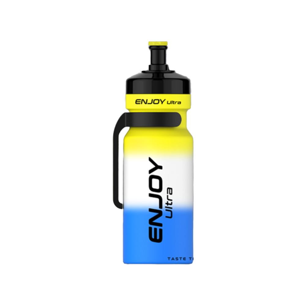 Yellow and blue water bottle with 'ENJOY Ultra' branding on a white background