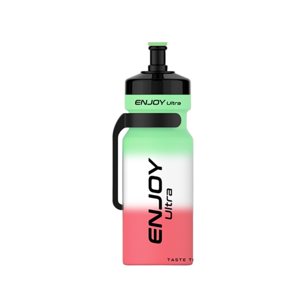 Gradient green to pink water bottle with 'ENJOY ultra' branding on a white background