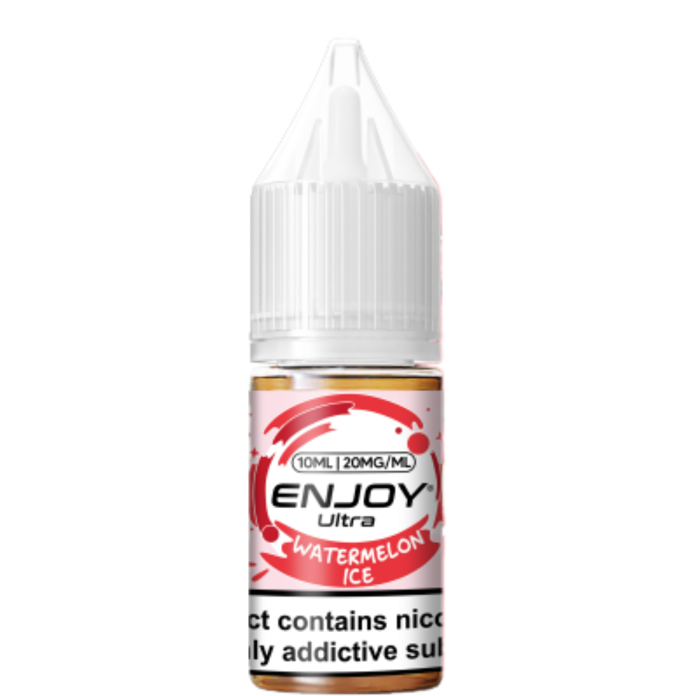 Bottle of Enjoy Ultra Watermelon Ice e-liquid on a white background