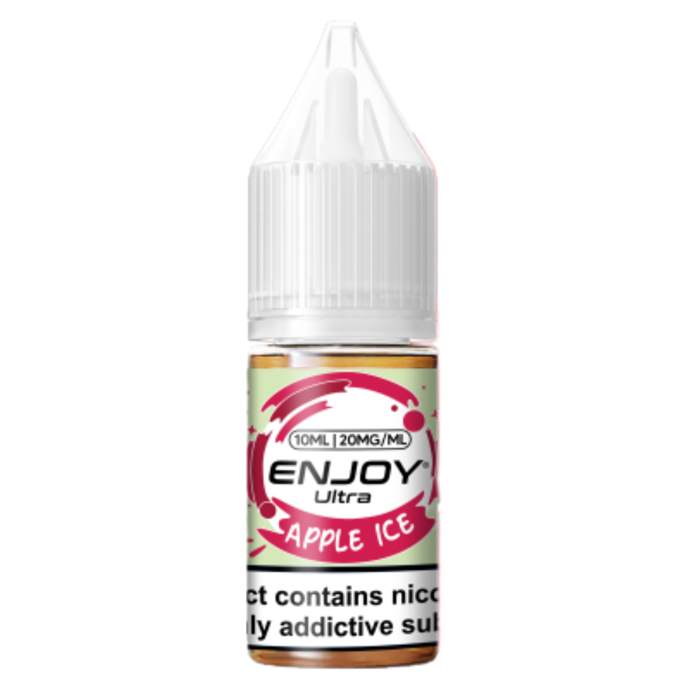 Bottle of Enjoy Ultra Apple Ice e-liquid on a white background