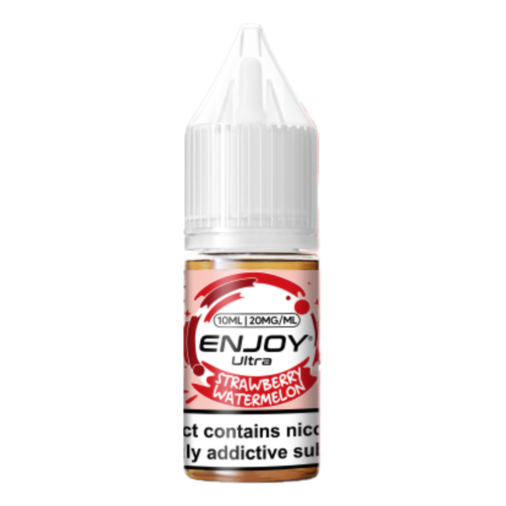 Bottle of Enjoy Ultra Strawberry Watermelon e-liquid on a white background