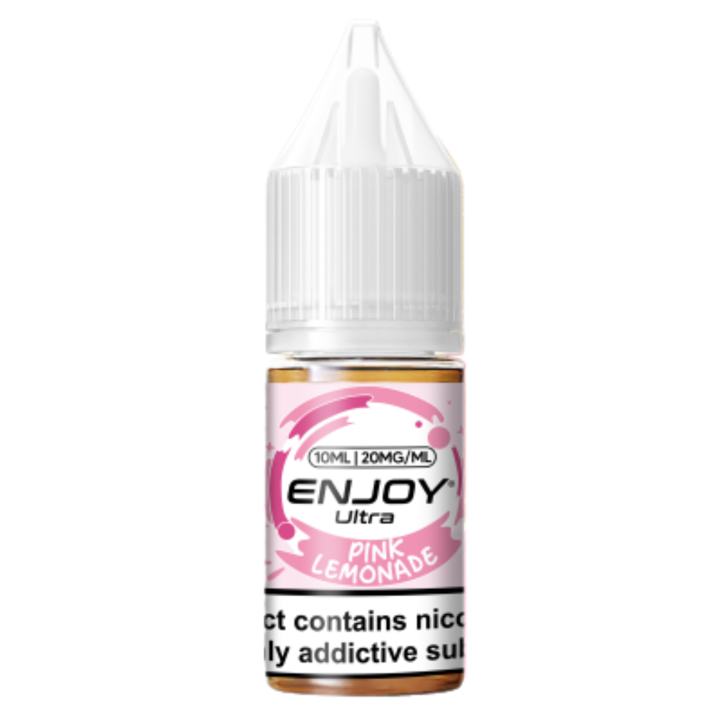 Bottle of Enjoy Ultra Pink Lemonade e-liquid on a white background