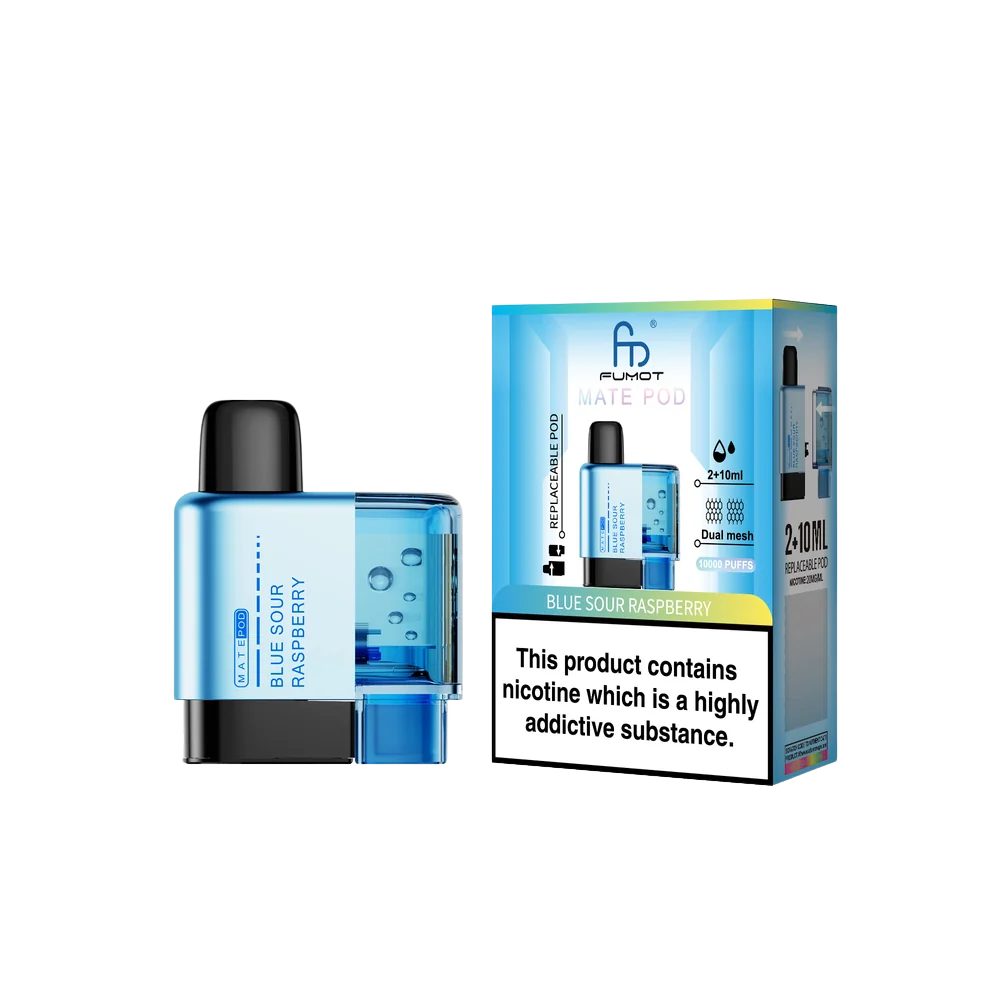 Blue vape device and packaging with nicotine warning label on a white background