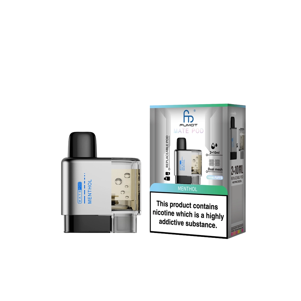 Vape device and packaging with nicotine warning label on a white background