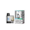 Vape device and packaging with nicotine warning label on a white background
