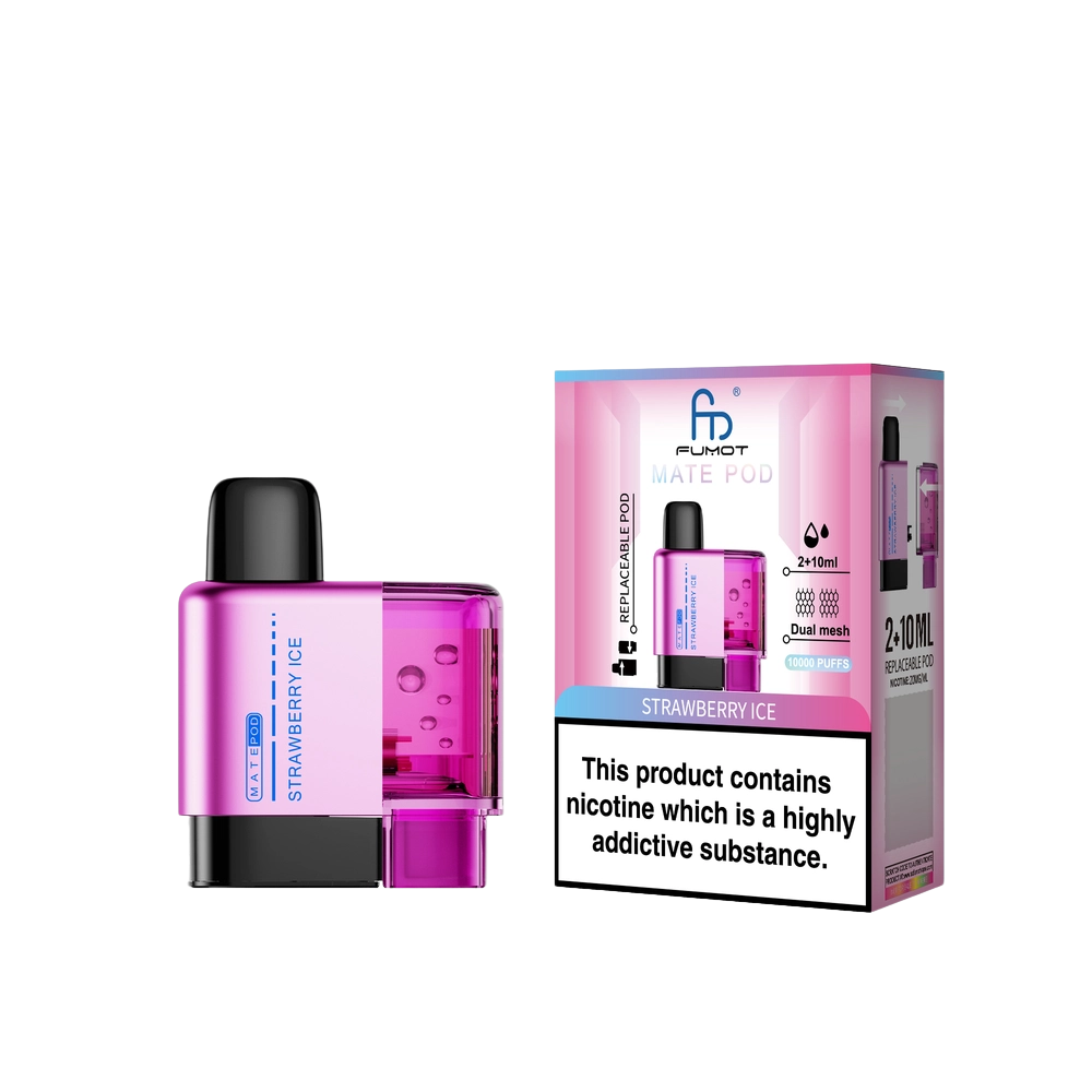 Pink vape device and packaging with 'Strawberry Ice' flavor on a white background