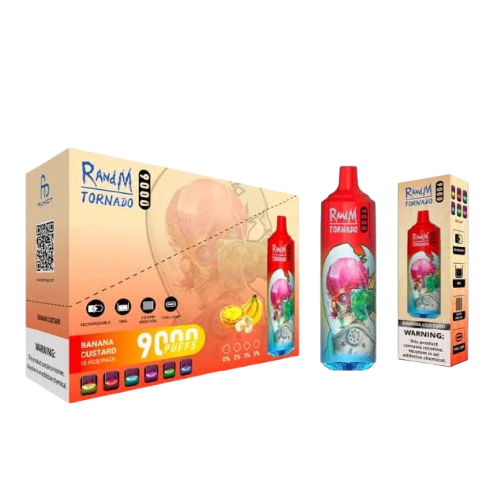 Vape device and packaging with 'Ravim' branding on a white background