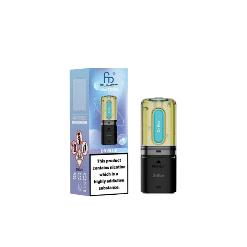 Vape device and packaging with nicotine warning label on a white background