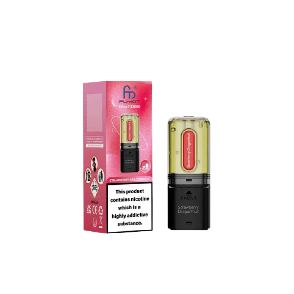 Vape pen and packaging with branding on a white background