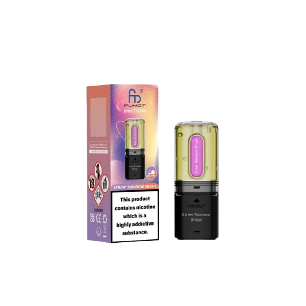 Vape device and packaging with nicotine warning label on a white background