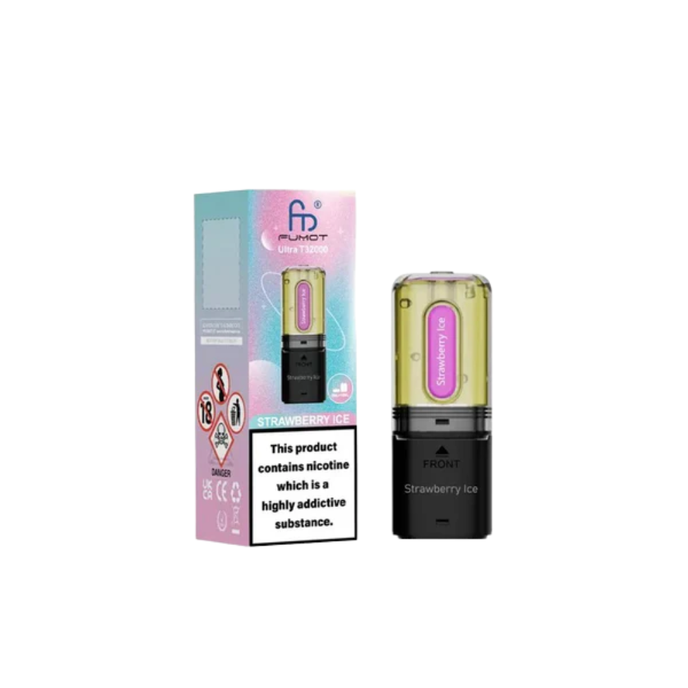 Vape pen with strawberry ice flavor and packaging on a white background
