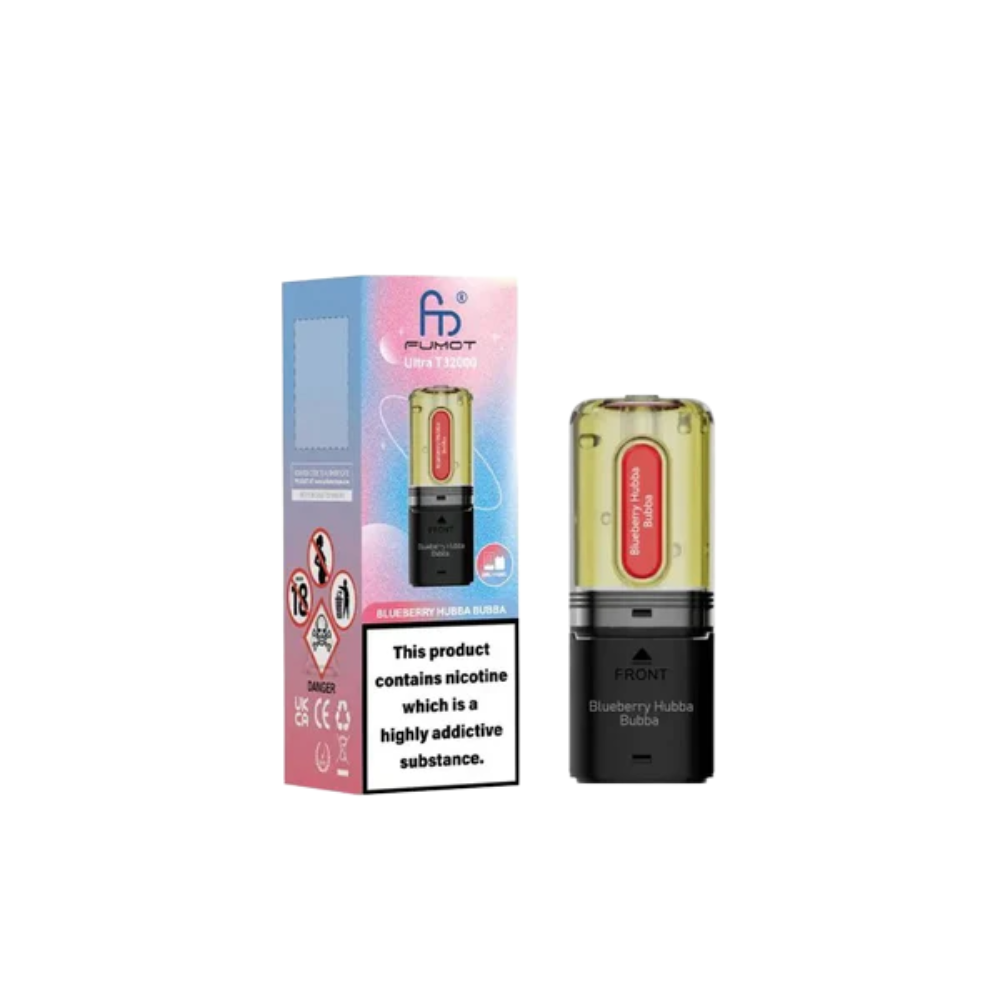 Vape device and packaging with nicotine warning label on a white background