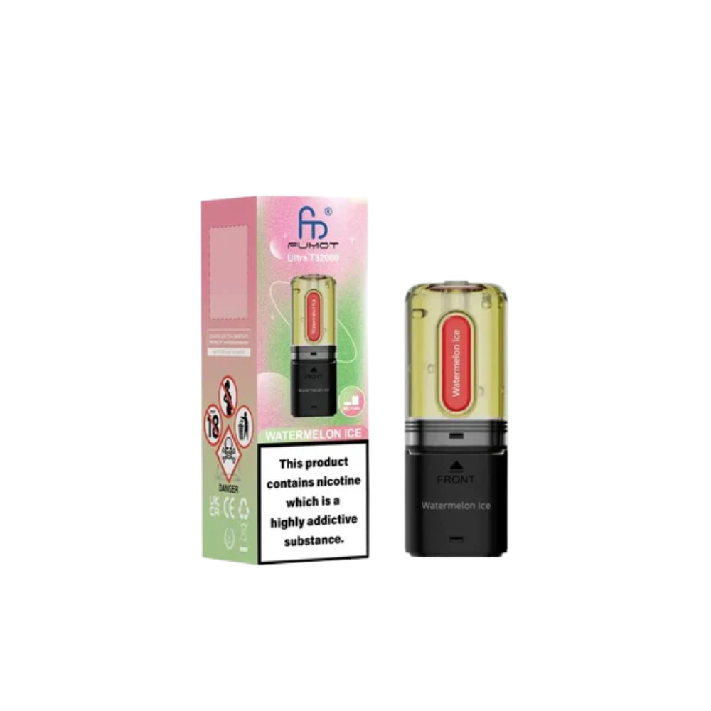 Vape device and packaging with nicotine warning label on a white background