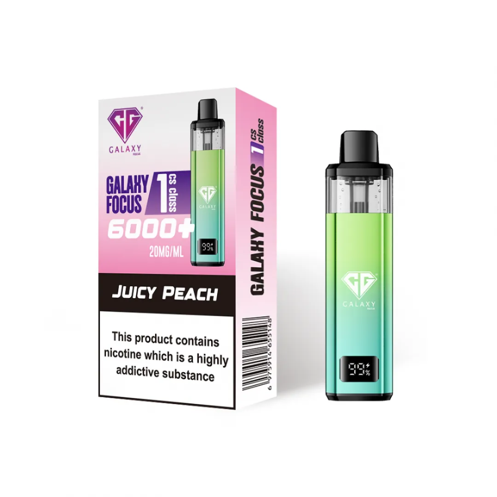 Galaxy Focus vaping device and packaging with 'Juicy Peach' flavor on a white background