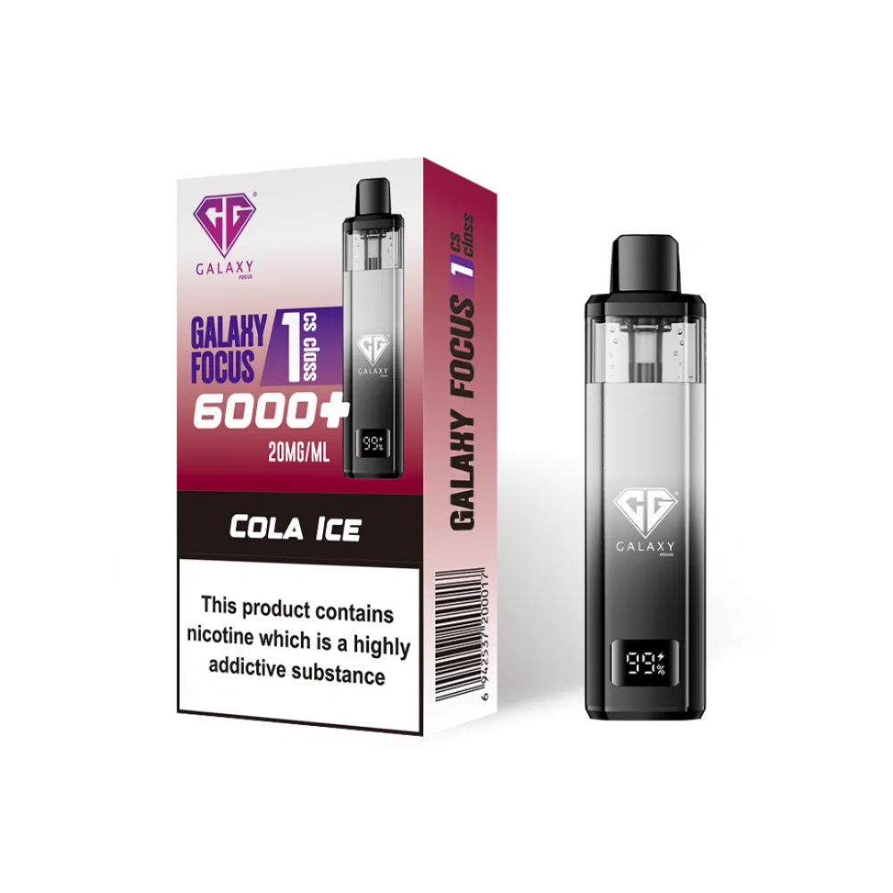 Galaxy Focus vaping device and packaging on a white background
