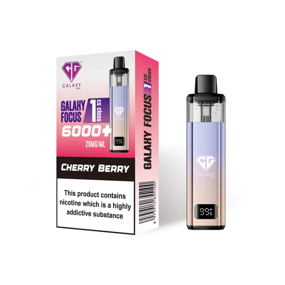 Galaxy Focus vaping device and packaging on a white background