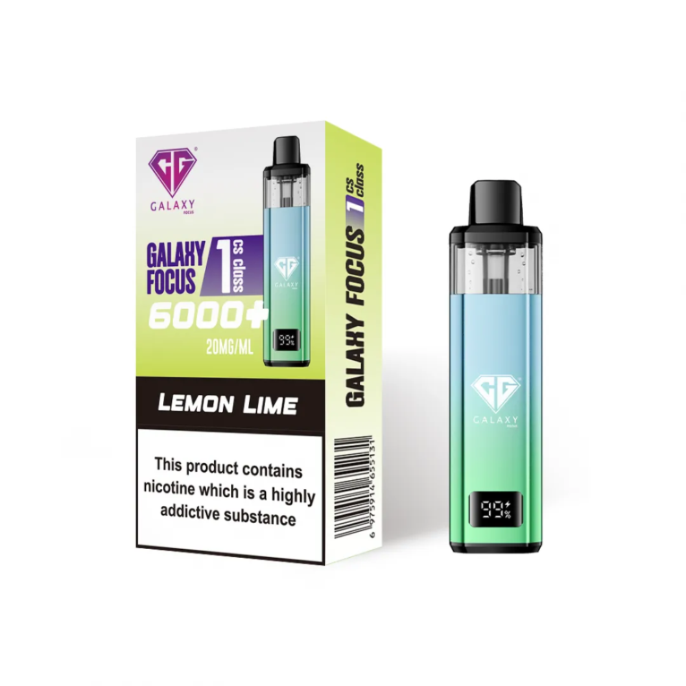 Galaxy Focus vaping device with lemon lime flavor on a white background
