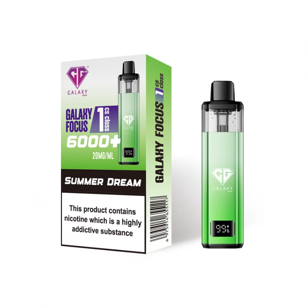 Green Galaxy Focus vape device with packaging on a white background
