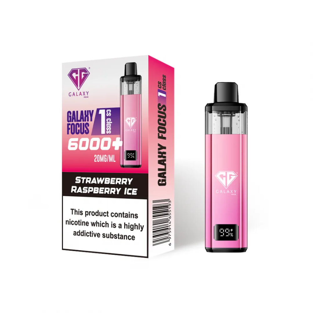 Pink Galaxy Focus vaping device with packaging on a white background