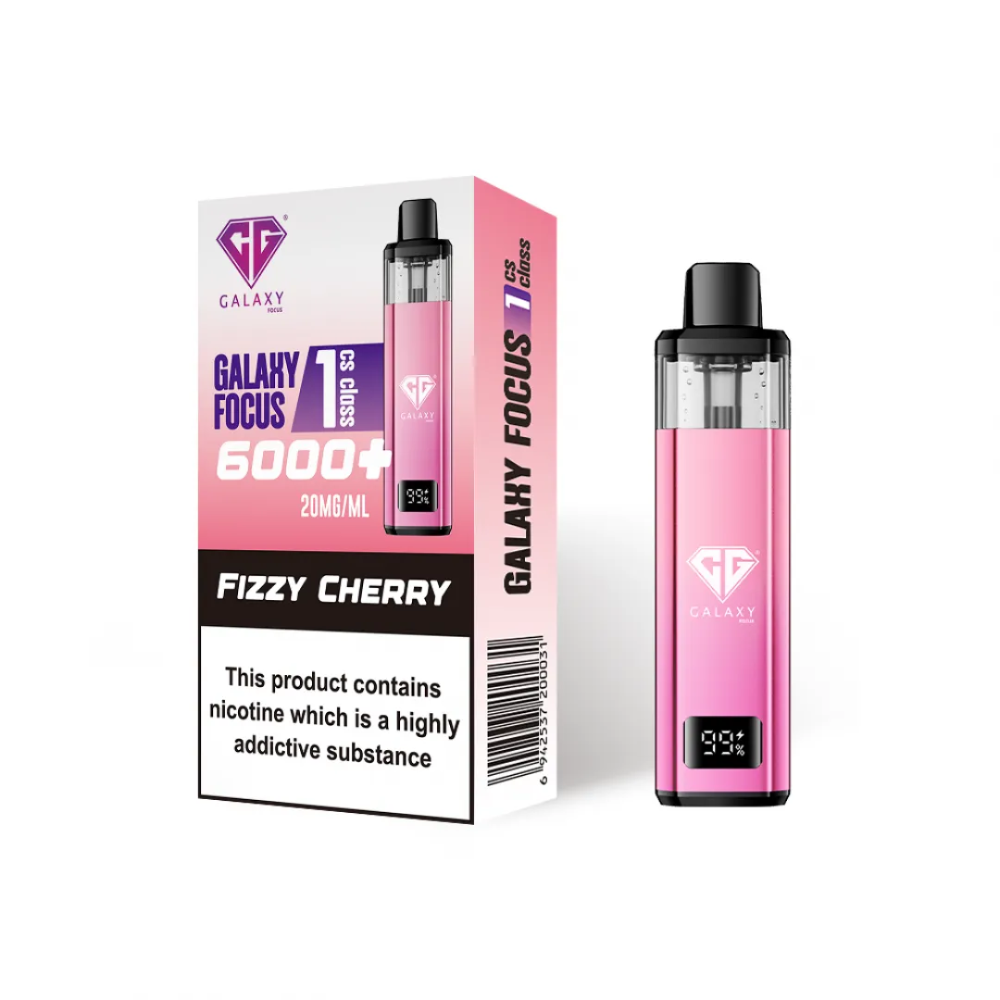 Pink vape device with 'Galaxy Focus' packaging on a white background
