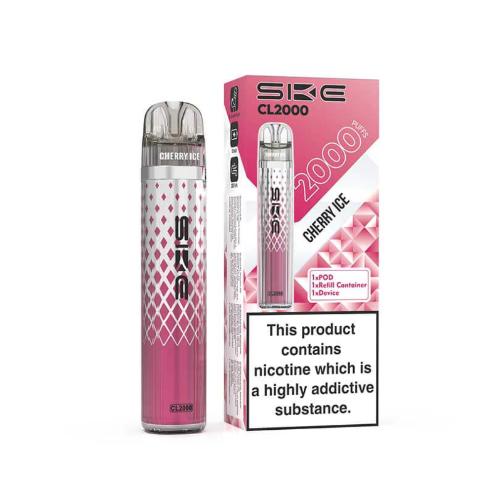 Pink vape pen with packaging labeled 'SKE CL2000' on a white background
