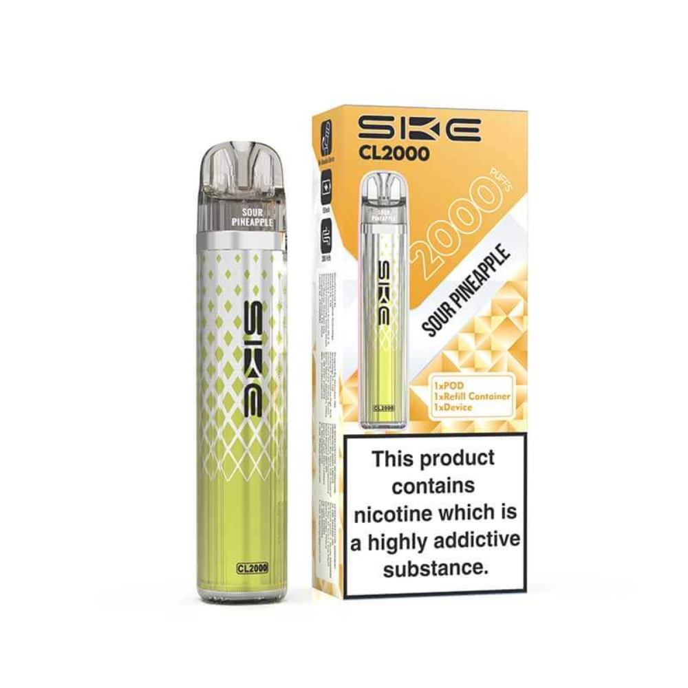 SKE CL2000 vape pen and packaging with nicotine warning label on a white background