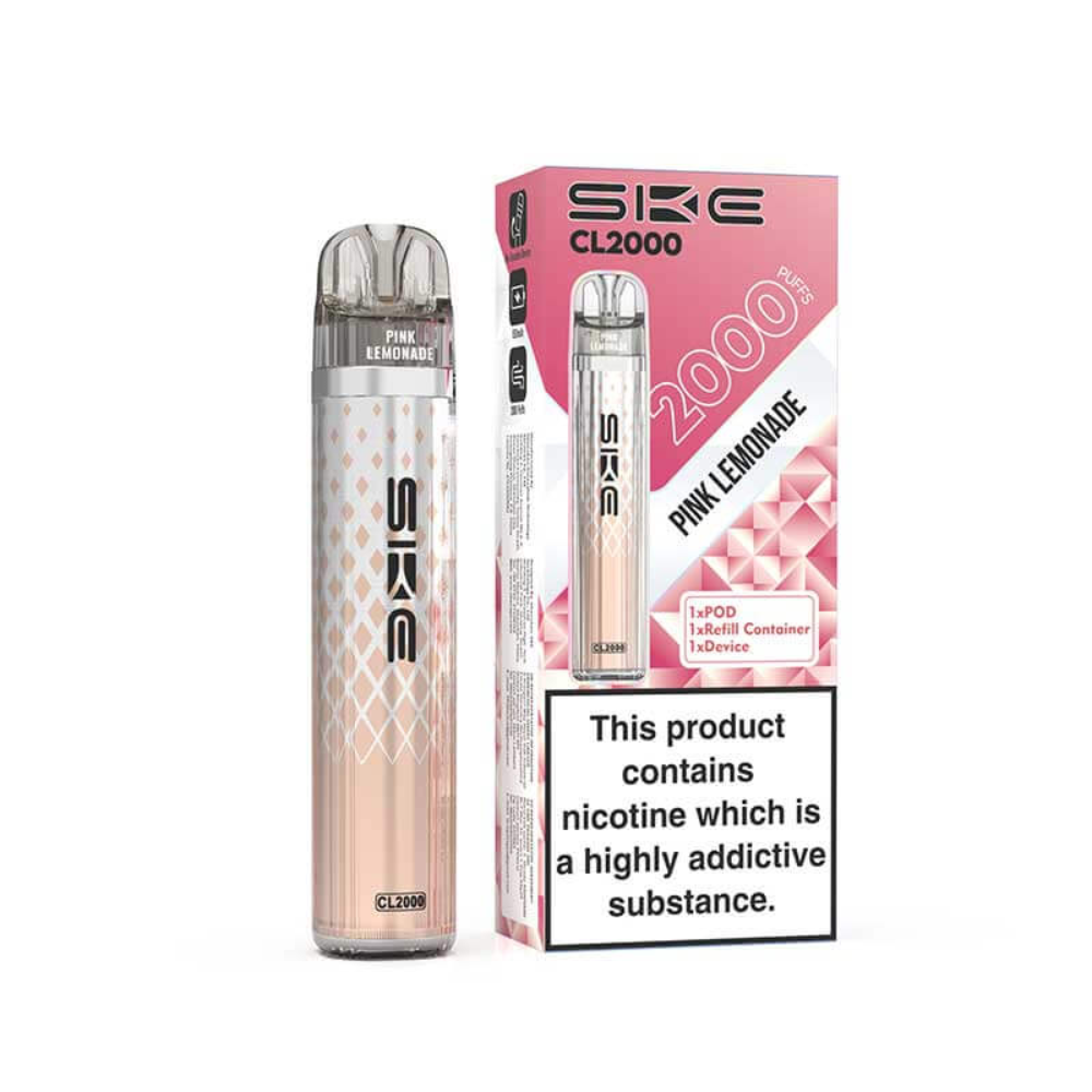 SKE CL2000 vape pen with pink lemonade flavor packaging on a white background