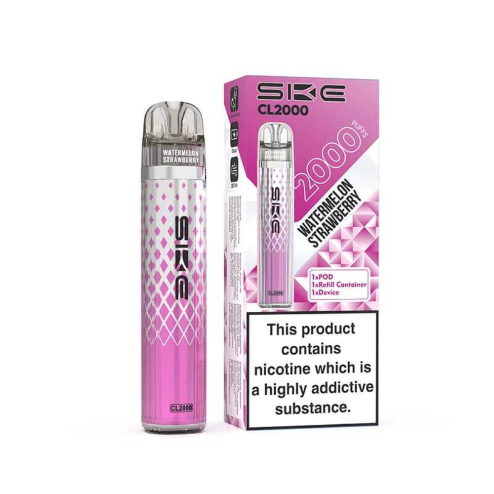 Pink vape pen with packaging labeled 'SKE CL2000' on a white background