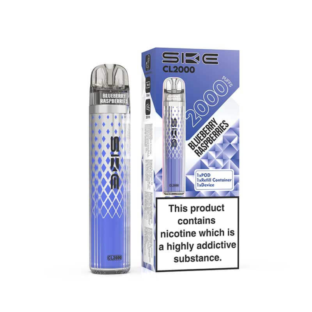 SKE CL2000 vape pen with blue and silver design and packaging on a white background.