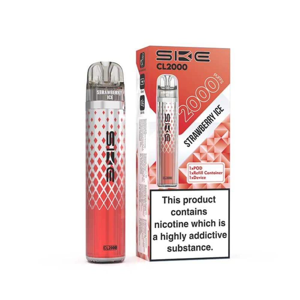 SKE CL2000 strawberry ice vape pen and packaging on a white background