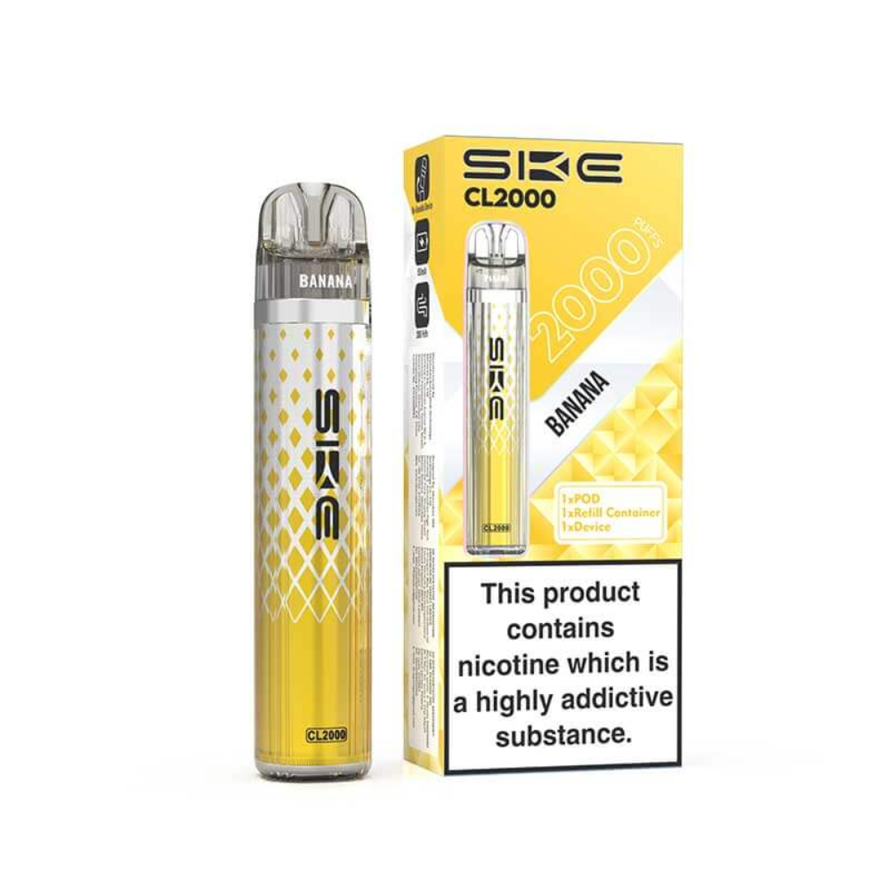 SKE CL2000 vape pen and packaging with banana flavor on a white background