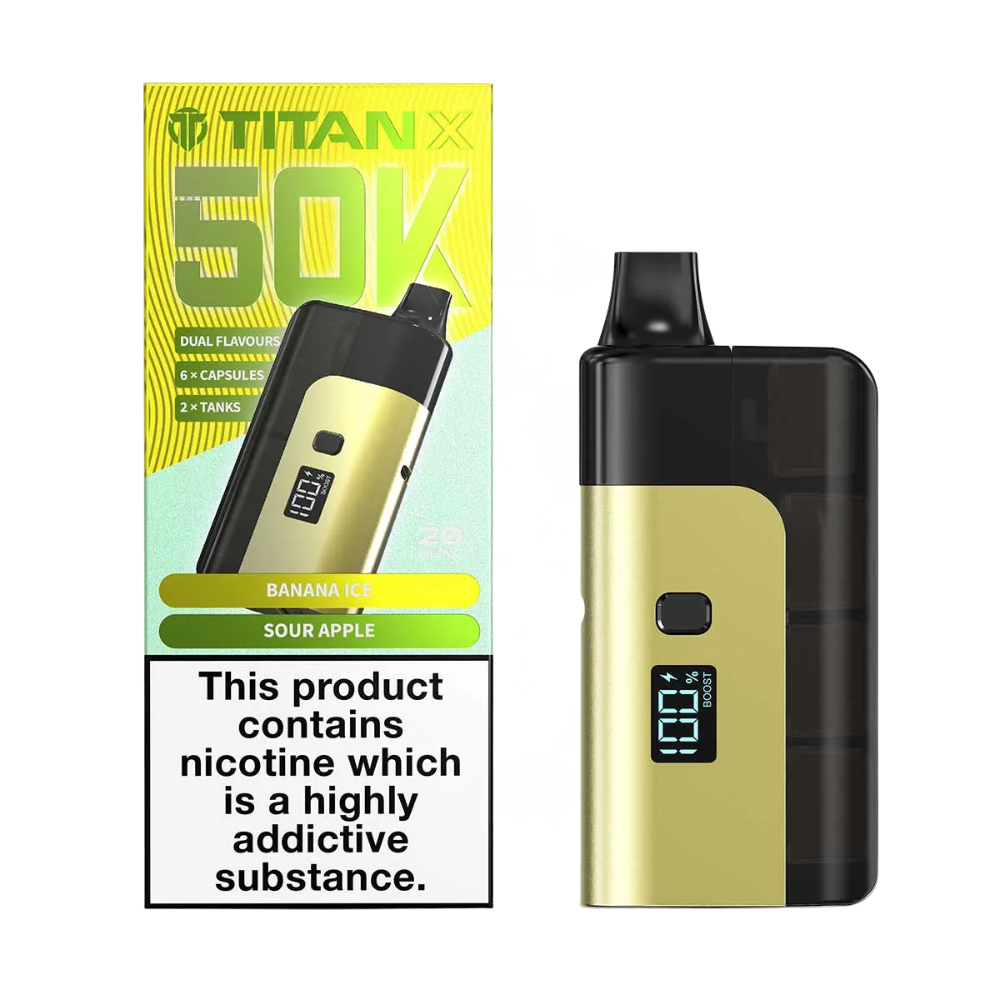 Gold and black vape device with Titan X packaging on a white background