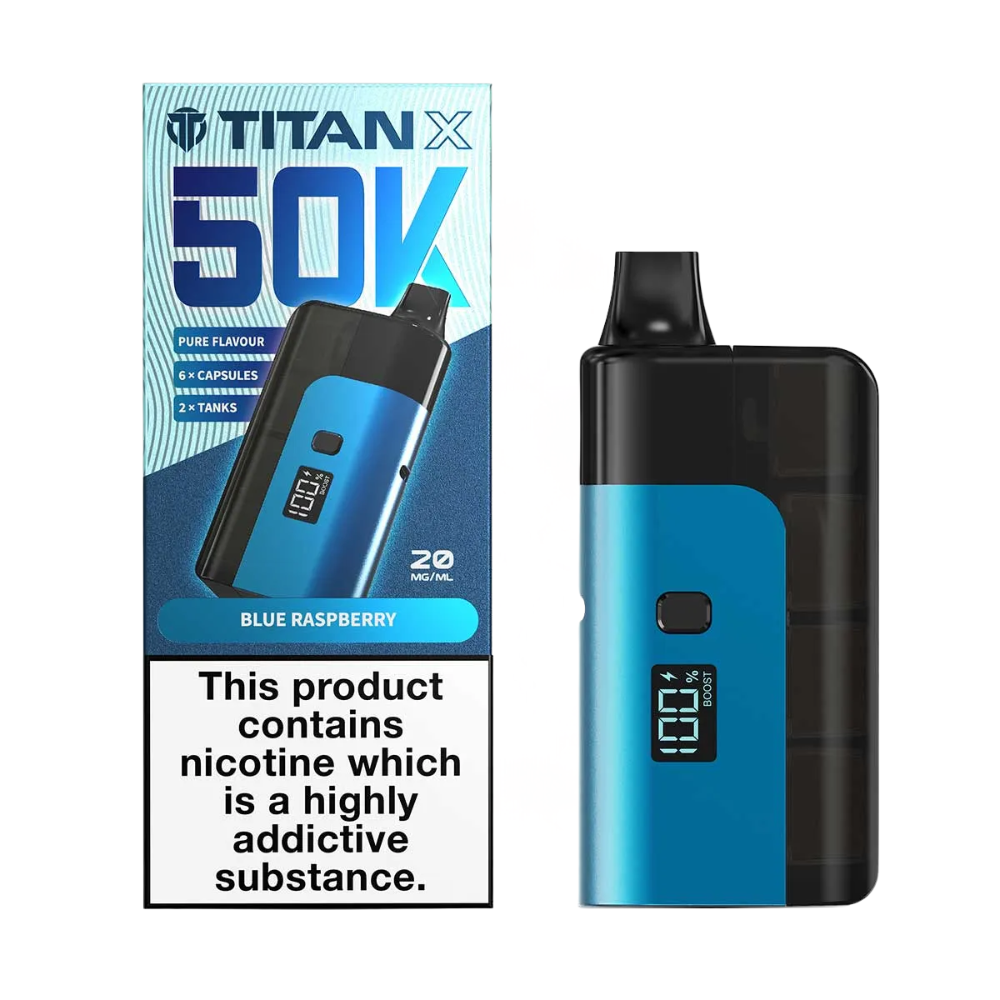 Blue and black vape device with Titan X packaging on a white background