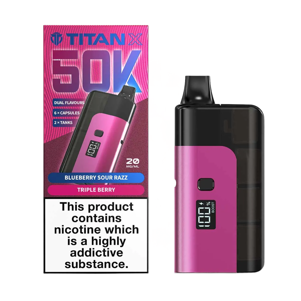 Pink and black vape device with Titan X packaging on a white background