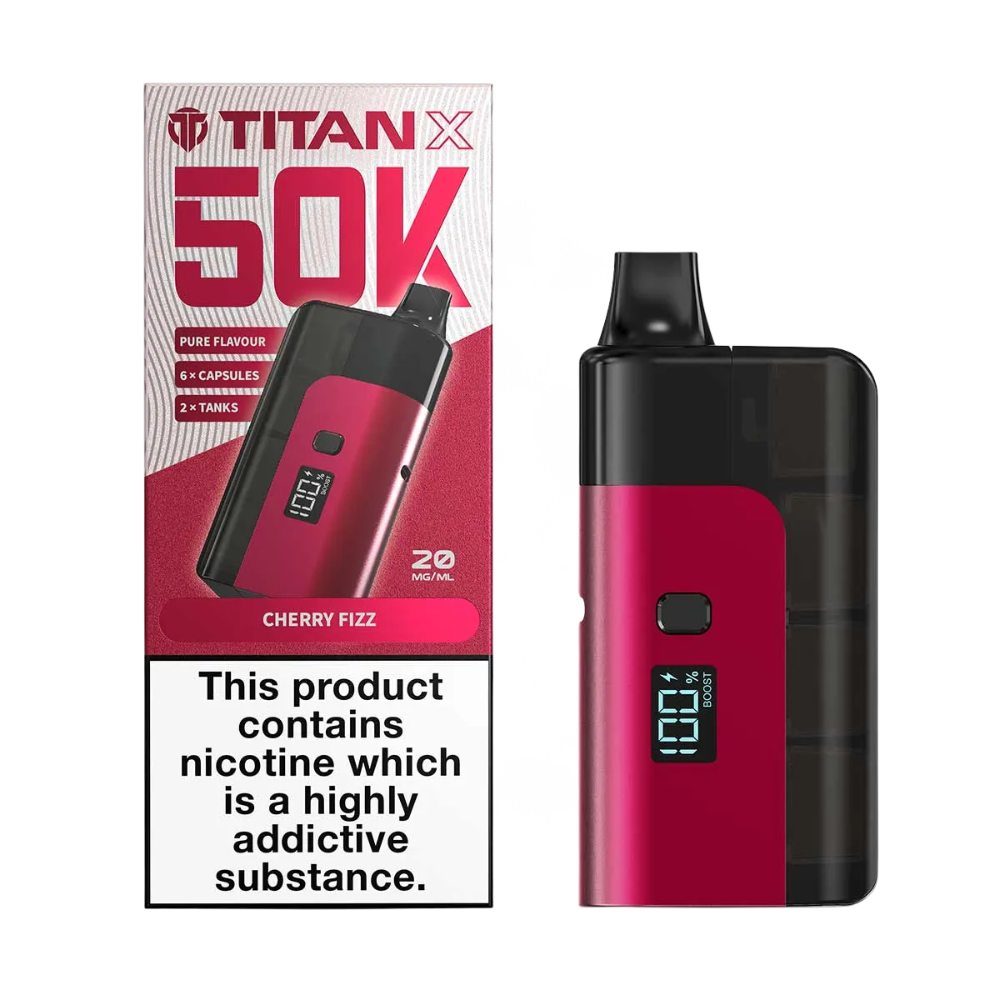 Red and black vape device with Titan X packaging on a white background